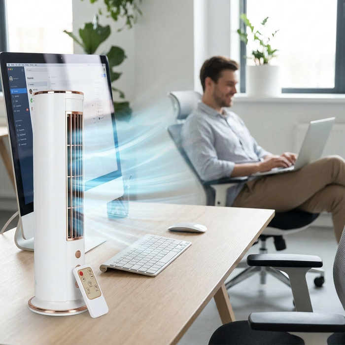 Bladeless desktop air conditioner fan with remote control in use on an office desk
