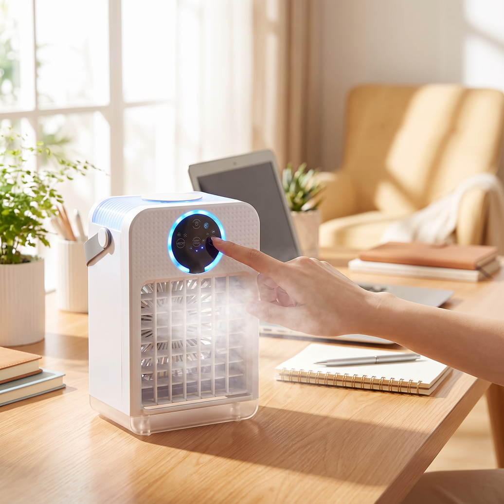 Mist Cooling Fan with Touchscreen in use on a home office desk