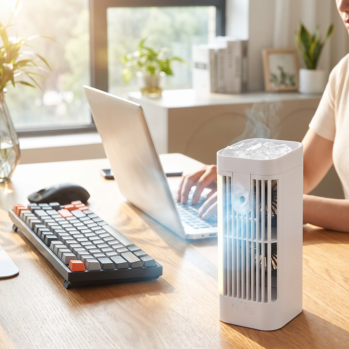 Spray Mist Desk Aircon in use on an office desk