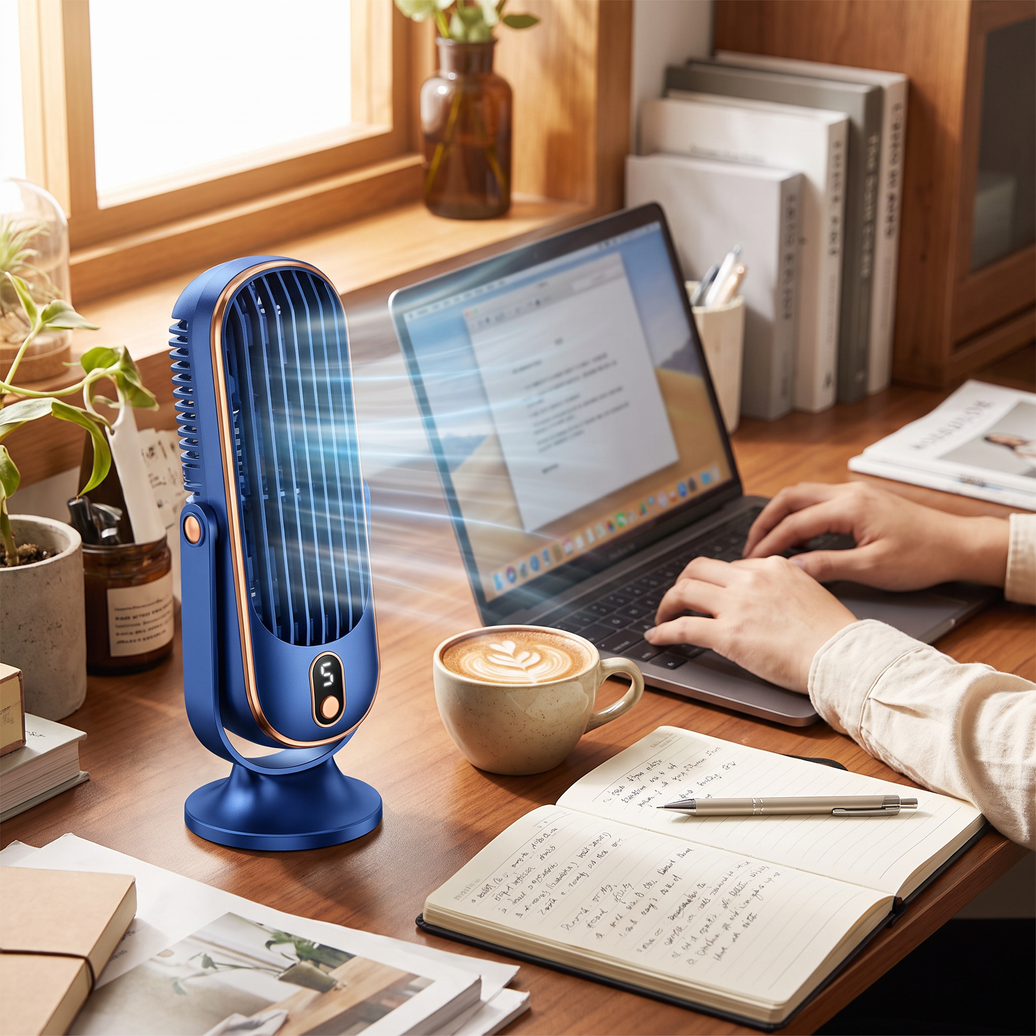 4000mAh Rechargeable Desk Cooler in use on a work-from-home desk