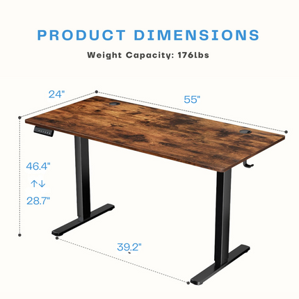 Electric Adjustable Standing Desk - Push-Button Height Adjust, Steel Frame