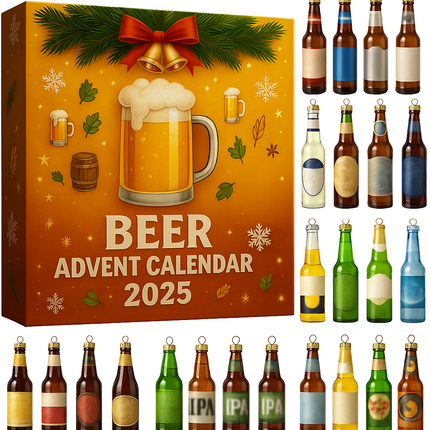 Beer Bottle Advent Calendar - 24 Resin Christmas Ornaments, Alcohol-Free