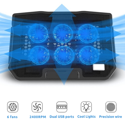 6-Fan Laptop Cooling Pad - Low-Noise, Adjustable Stand, Dual USB Ports