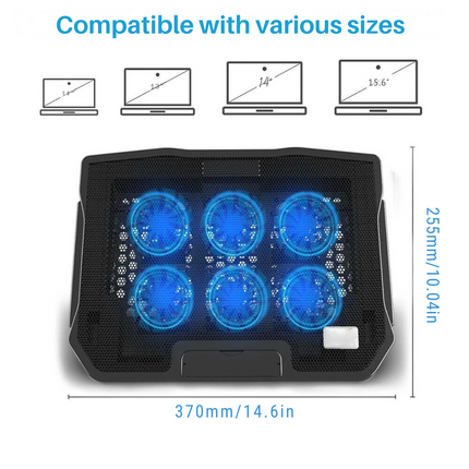 6-Fan Laptop Cooling Pad - Low-Noise, Adjustable Stand, Dual USB Ports