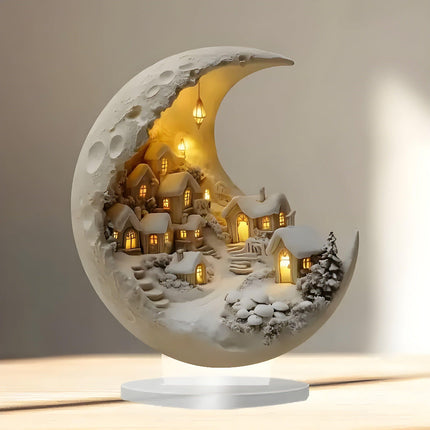 Acrylic Moon Night Light - Village Scene Table Decor, Soft Glow Accent