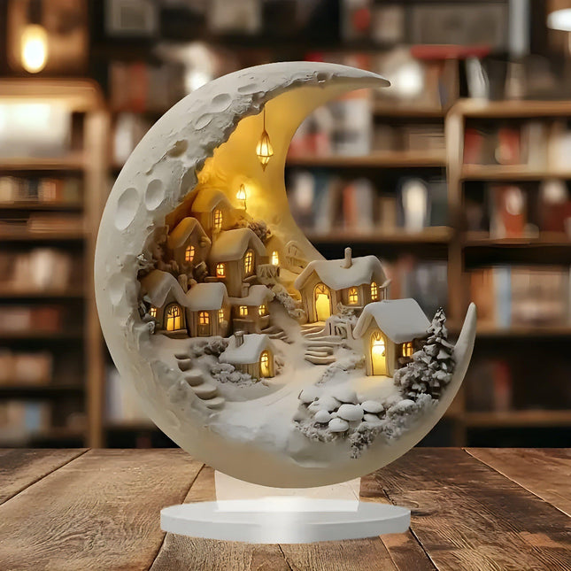 Acrylic Moon Night Light - Village Scene Table Decor, Soft Glow Accent