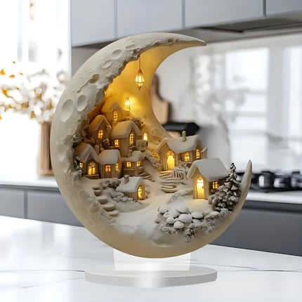 Acrylic Moon Night Light - Village Scene Table Decor, Soft Glow Accent