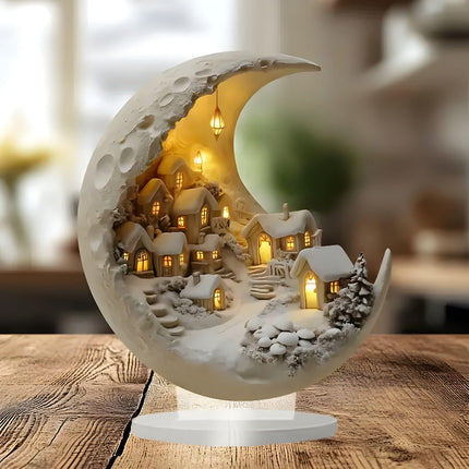 Acrylic Moon Night Light - Village Scene Table Decor, Soft Glow Accent