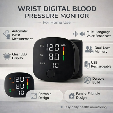 Automatic Digital Blood Pressure Monitor - Wrist Cuff, USB Rechargeable
