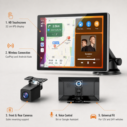 Portable CarPlay Screen - Wireless Android Auto Touchscreen, Backup Cam