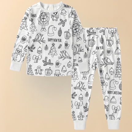 Kids Christmas Pajamas - Soft Cotton Coloring Set, Stretchy Holiday Fit
