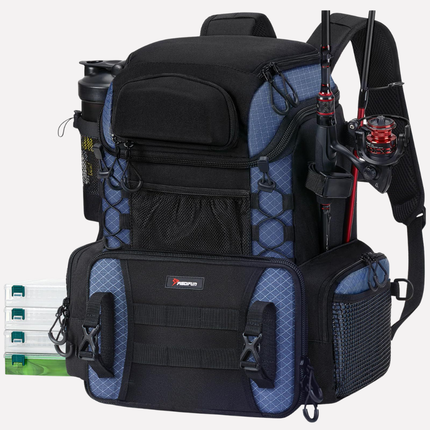 Fishing Tackle Backpack - Adjustable Harness, Rod Holder, Utility Boxes