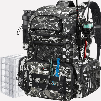 Fishing Tackle Backpack - Adjustable Harness, Rod Holder, Utility Boxes