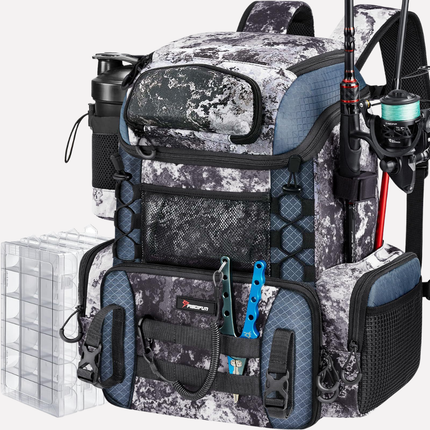 Fishing Tackle Backpack - Adjustable Harness, Rod Holder, Utility Boxes