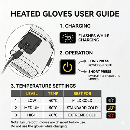 Rechargeable Touchscreen Heated Gloves - 1200mAh, 3 Heat Modes