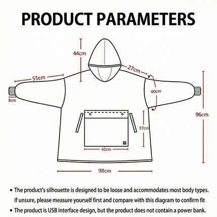 Heated Unisex Blanket Hoodie - USB-Powered, 3-Zone Flannel Warmth