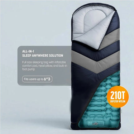Sleeping Bag for Adults - 3-Season, Built-In Pad & Pillow, Backpacking