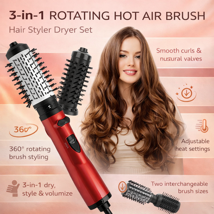 One-Step Hot Air Brush - Rotating Blow Dryer, Two Heads, 3 Heat Modes