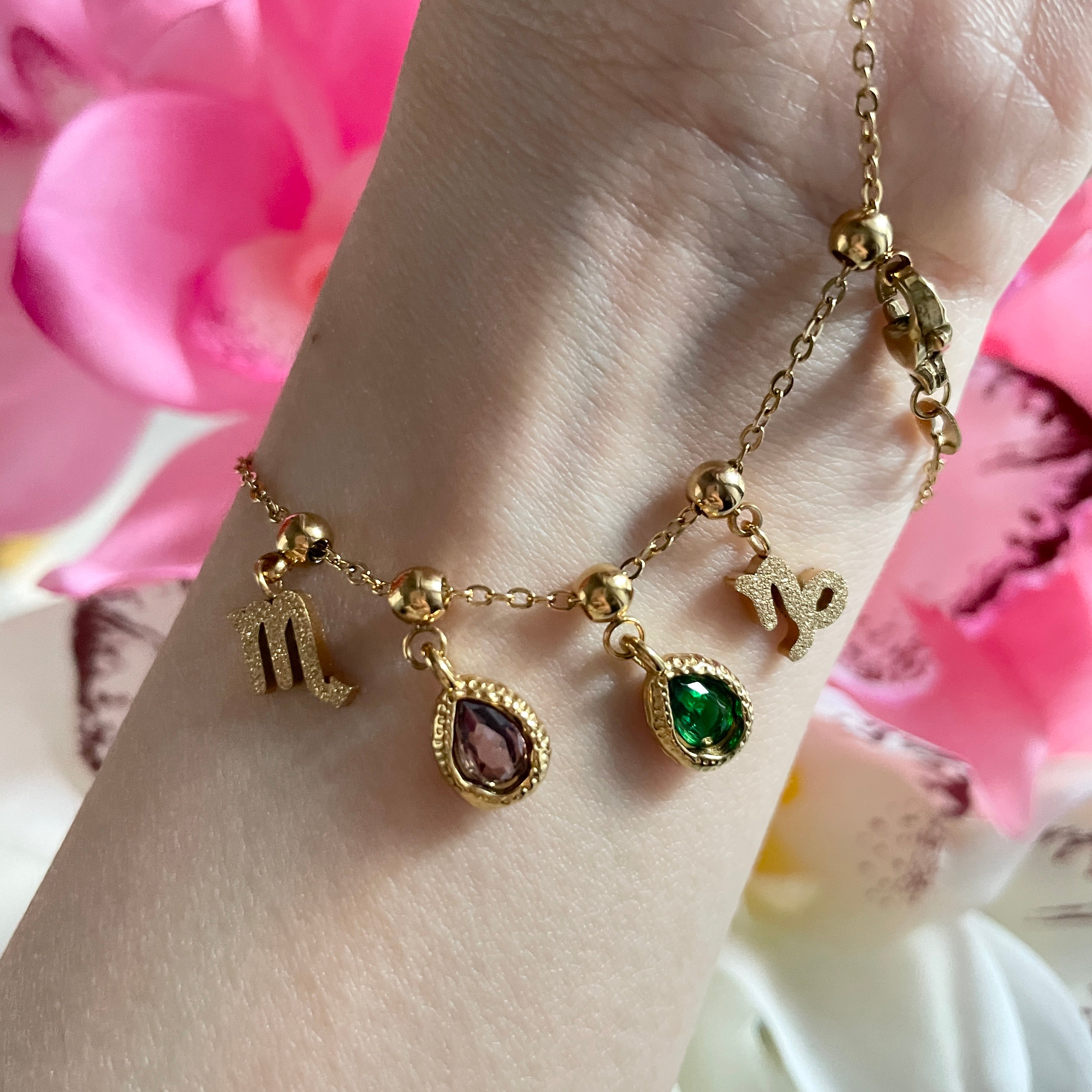 Birthstone & Zodiac Sign charm necklace / bracelet with pull-through design