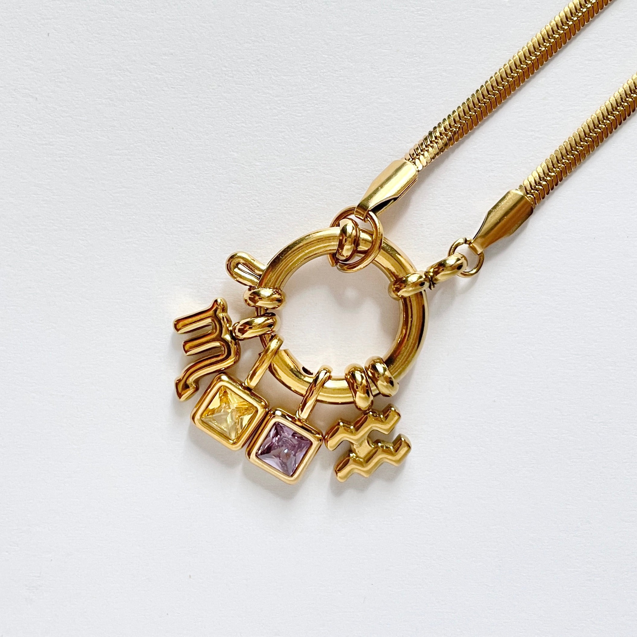 Square-Shape Birthstone & Zodiac Sign charm necklace / bracelet