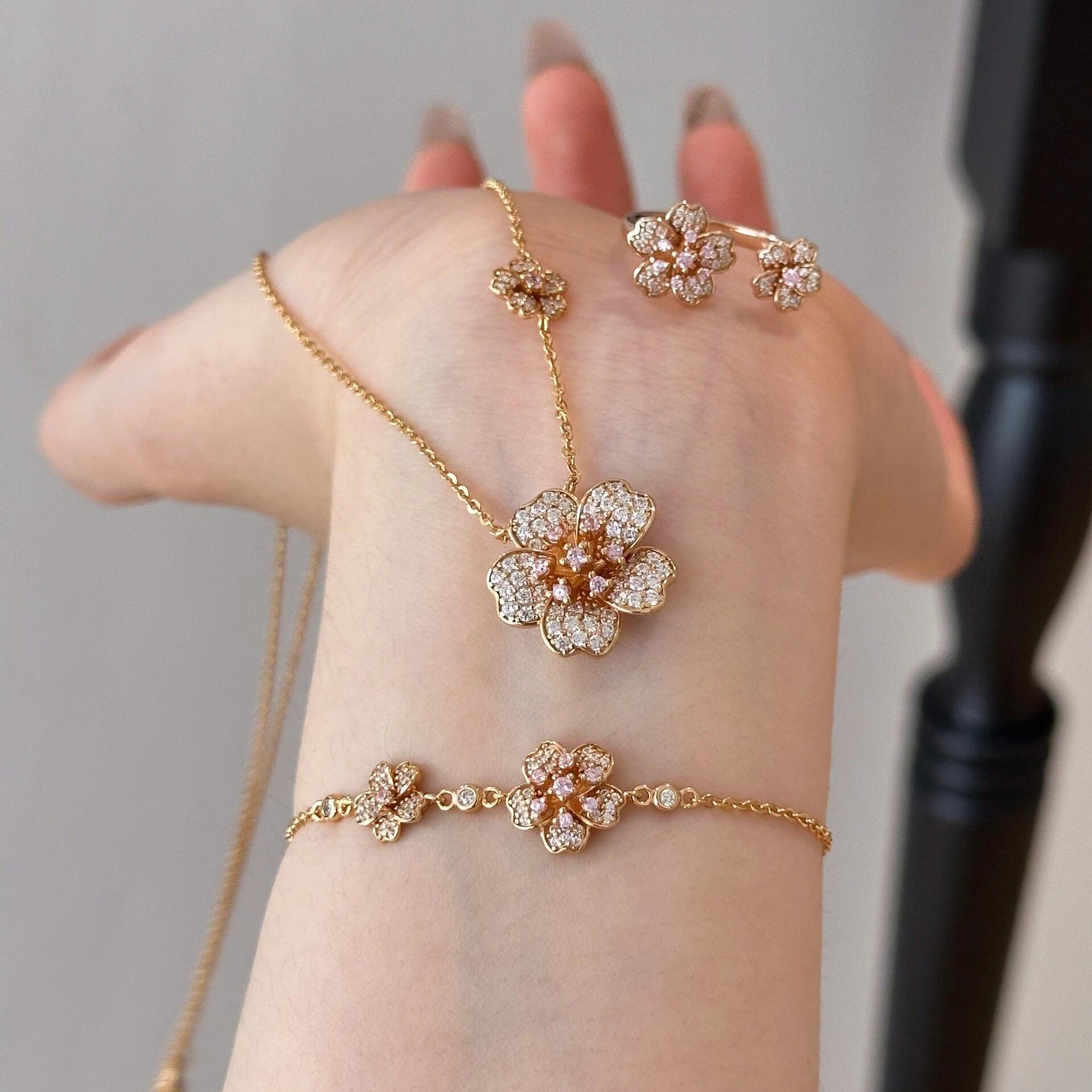 Felicity Pink Rose Bracelet, Necklace & Cuff Ring
