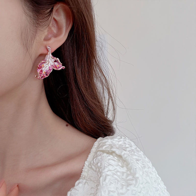 Maple Leaf Colored Zircon Stud Earrings