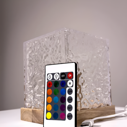 Ocean Wave Projector Night Light - 16-Color LED Wood Cube Lamp, Remote