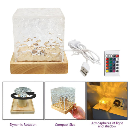 Ocean Wave Projector Night Light - 16-Color LED Wood Cube Lamp, Remote