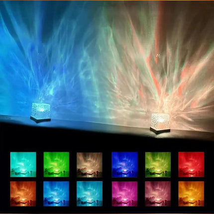 Ocean Wave Projector Night Light - 16-Color LED Wood Cube Lamp, Remote