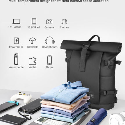 Expandable Rolltop Backpack - Waterproof, 17-Inch Laptop Fit, Anti-Theft