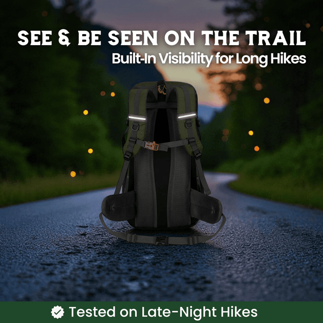 50L Hiking Backpack - Breathable Support, Shoe Compartment, Reflective