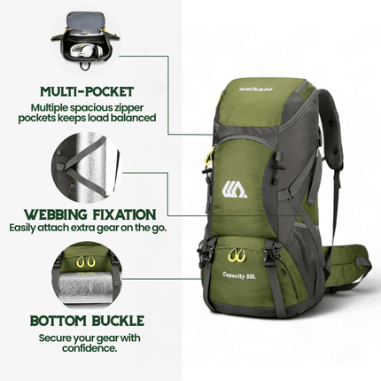 50L Hiking Backpack - Breathable Support, Shoe Compartment, Reflective