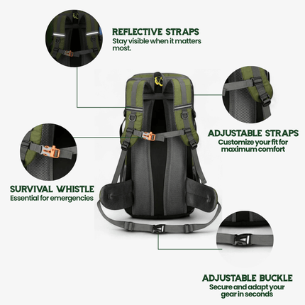 50L Hiking Backpack - Breathable Support, Shoe Compartment, Reflective