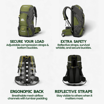 50L Hiking Backpack - Breathable Support, Shoe Compartment, Reflective