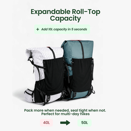 Ultralight 50L Travel Backpack - Roll-Top Design, Ripstop Nylon, Durable