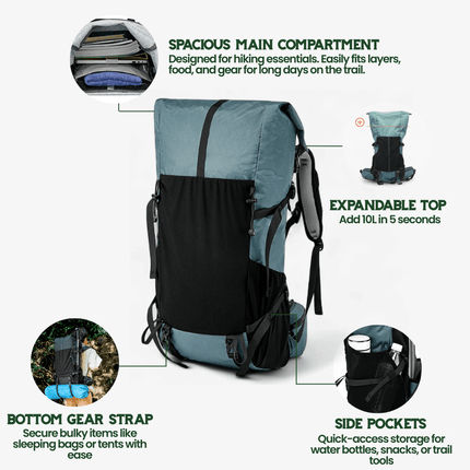 Ultralight 50L Travel Backpack - Roll-Top Design, Ripstop Nylon, Durable