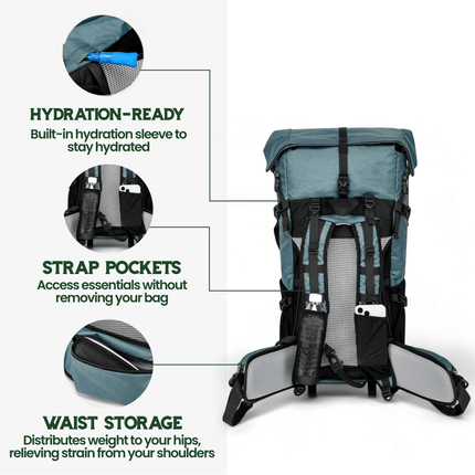 Ultralight 50L Travel Backpack - Roll-Top Design, Ripstop Nylon, Durable