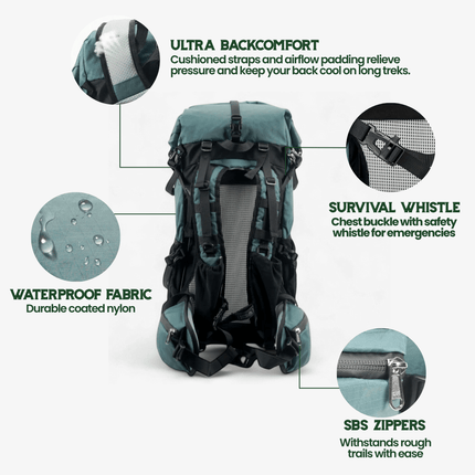 Ultralight 50L Travel Backpack - Roll-Top Design, Ripstop Nylon, Durable