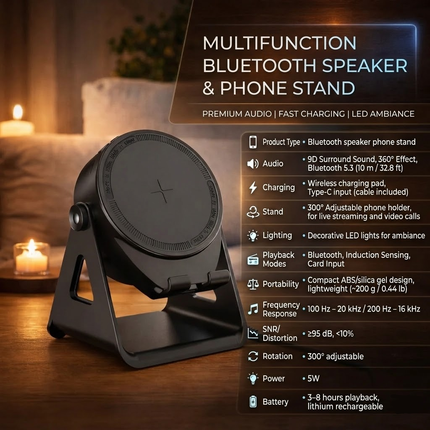 Bluetooth Speaker Stand - Wireless Charging, Induction Play, LED Lights