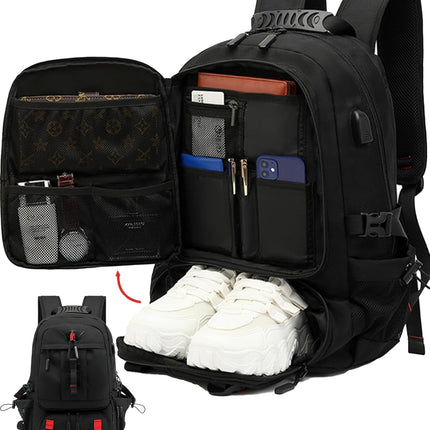60L Waterproof Laptop Backpack - Expandable, USB Port, Shoe Compartment