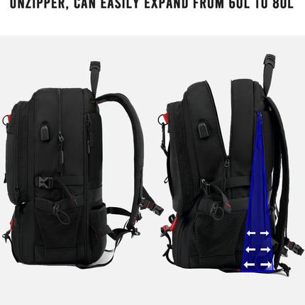60L Waterproof Laptop Backpack - Expandable, USB Port, Shoe Compartment