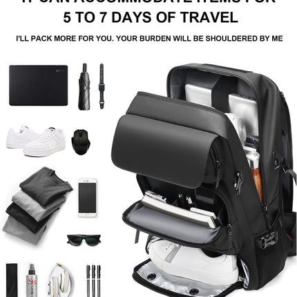 50L Waterproof Travel Backpack - USB Charging, Shoe Storage, Secure Zip