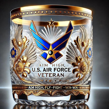 Military Emblem Whiskey Glass - Gold Embossed Tumbler, Veteran Gift Box
