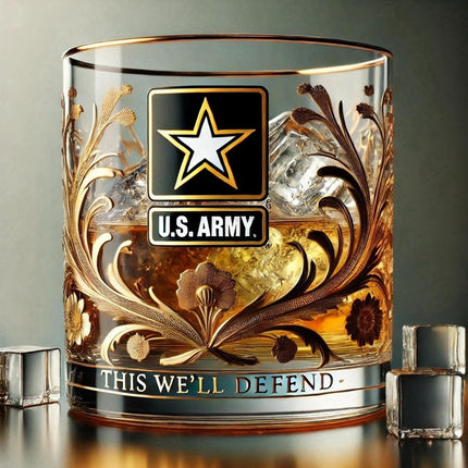 Military Emblem Whiskey Glass - Gold Embossed Tumbler, Veteran Gift Box