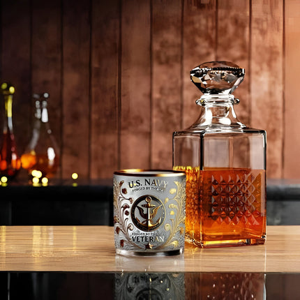 Military Emblem Whiskey Glass - Gold Embossed Tumbler, Veteran Gift Box