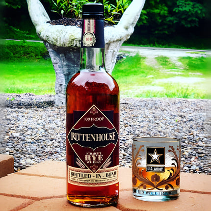 Military Emblem Whiskey Glass - Gold Embossed Tumbler, Veteran Gift Box