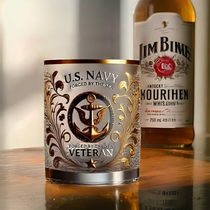 Military Emblem Whiskey Glass - Gold Embossed Tumbler, Veteran Gift Box