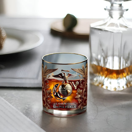 Military Emblem Whiskey Glass - Gold Embossed Tumbler, Veteran Gift Box
