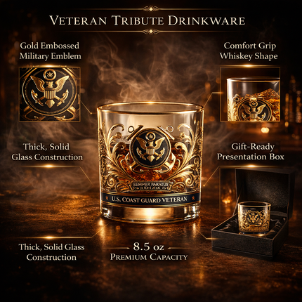 Military Emblem Whiskey Glass - Gold Embossed Tumbler, Veteran Gift Box