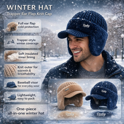 Trapper Hat - Ear Flaps, Fleece Lined, Baseball Visor, Winter Knit Cap
